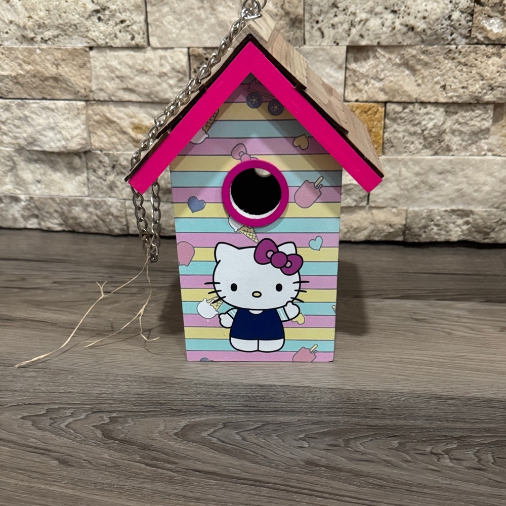 Hello Kitty Pastel Striped Birdhouse with Pink Accents